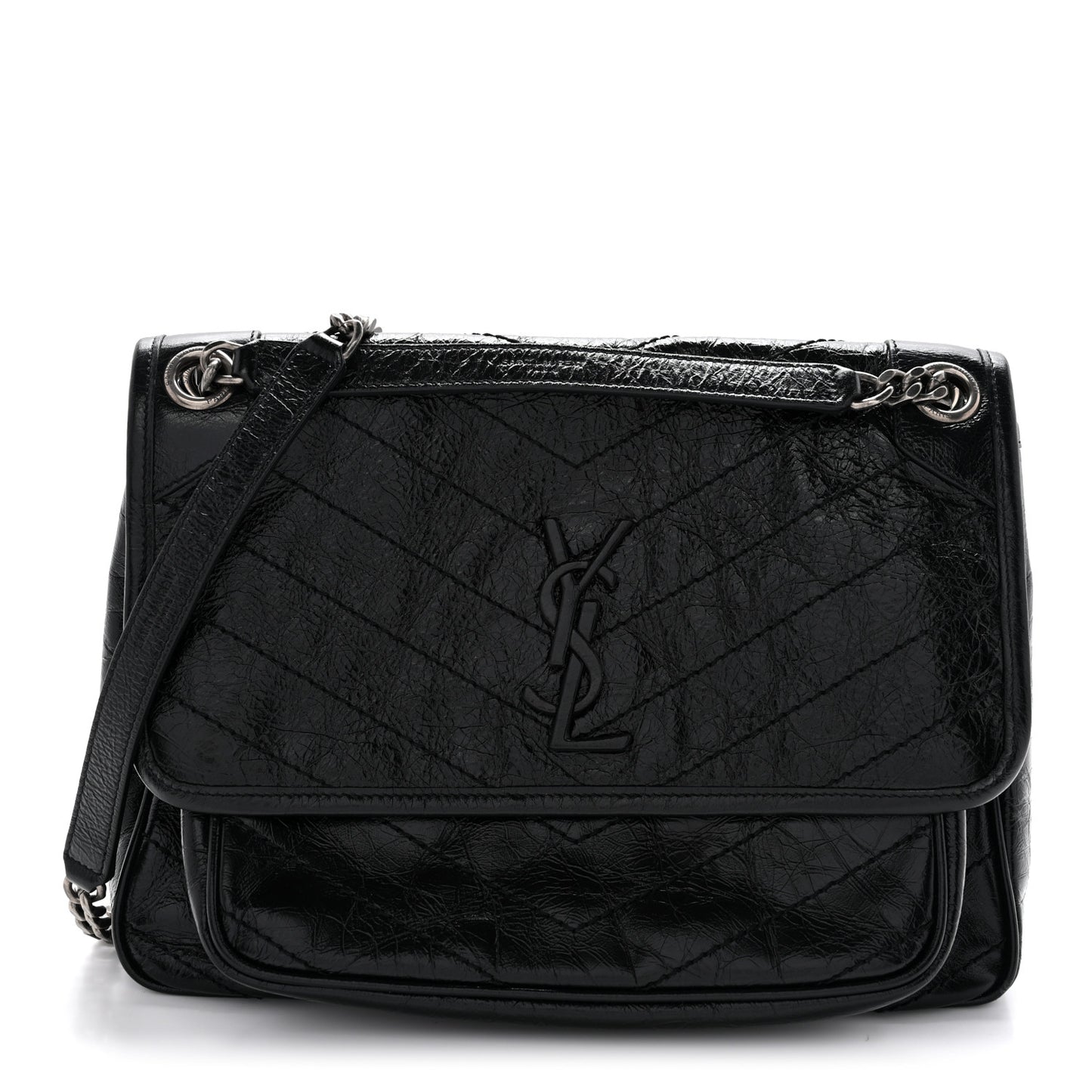 Crinkled Calfskin Matelasse Monogram Medium Niki Chain Satchel Black