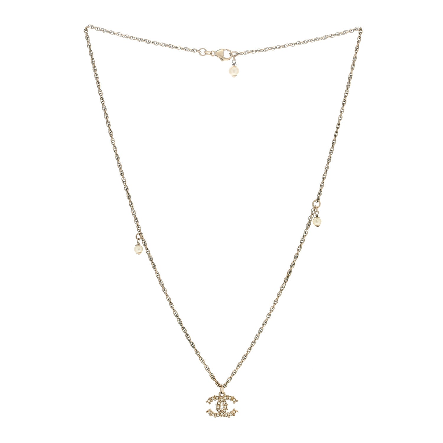 Chanel Metal Pearl Crystal CC Textured Pendant Necklace Gold 2 of 4