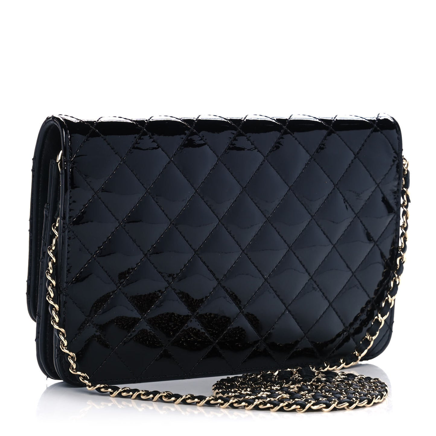 Patent Quilted Golden Class Wallet on Chain WOC Black