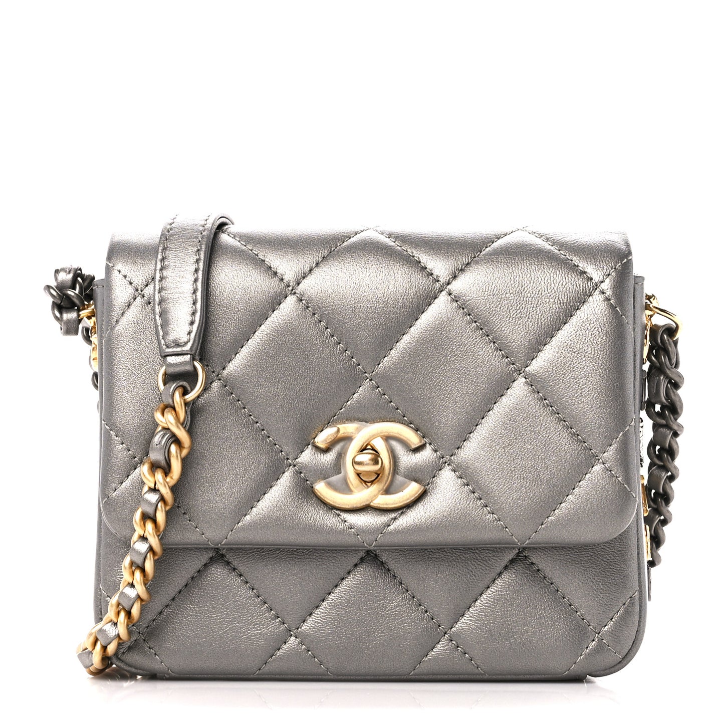 Metallic Lambskin Quilted Mini Side Note Flap Grey