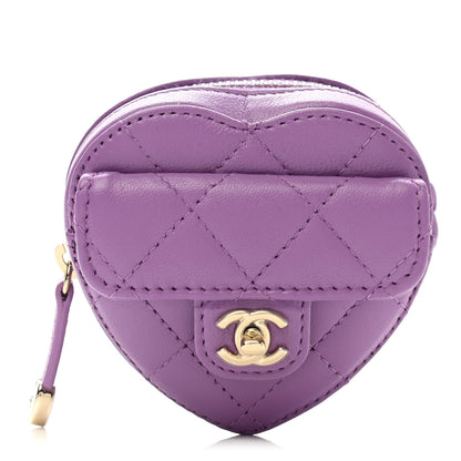 Chanel Lambskin Quilted CC In Love Heart Zipped Arm Coin Purse Purple 1 of 8