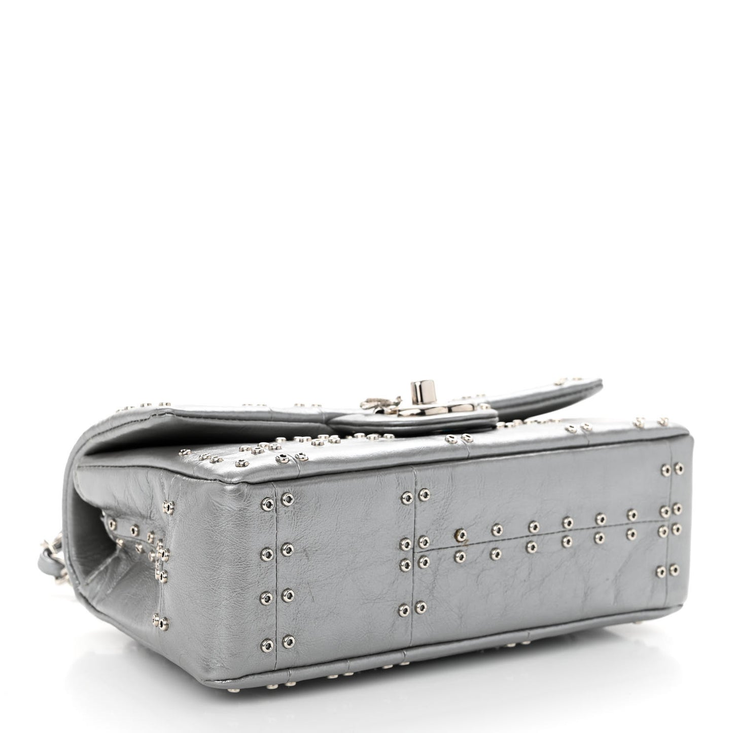 Glazed Calfskin Grommet Embellished Mini Airline Rectangular Flap Silver