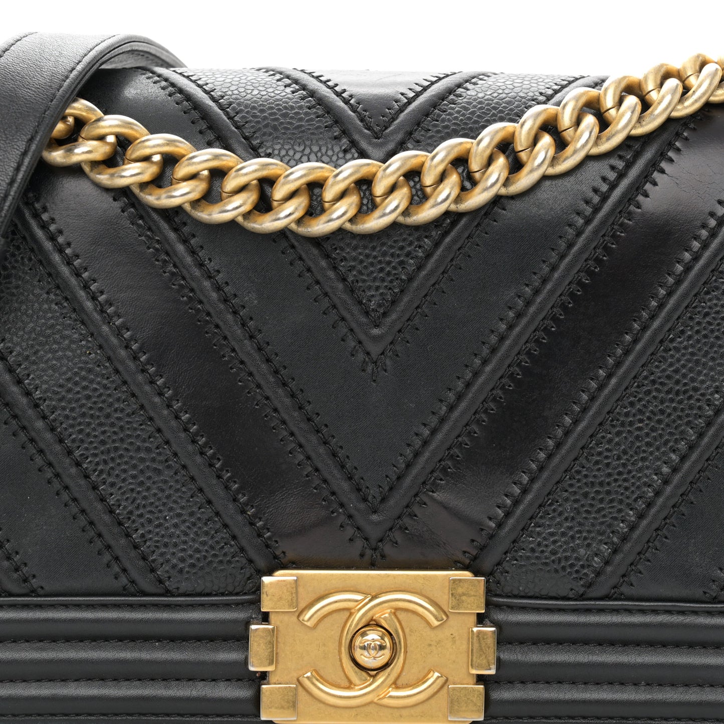 Caviar Suede Calfskin Chevron Medium Boy Flap Black