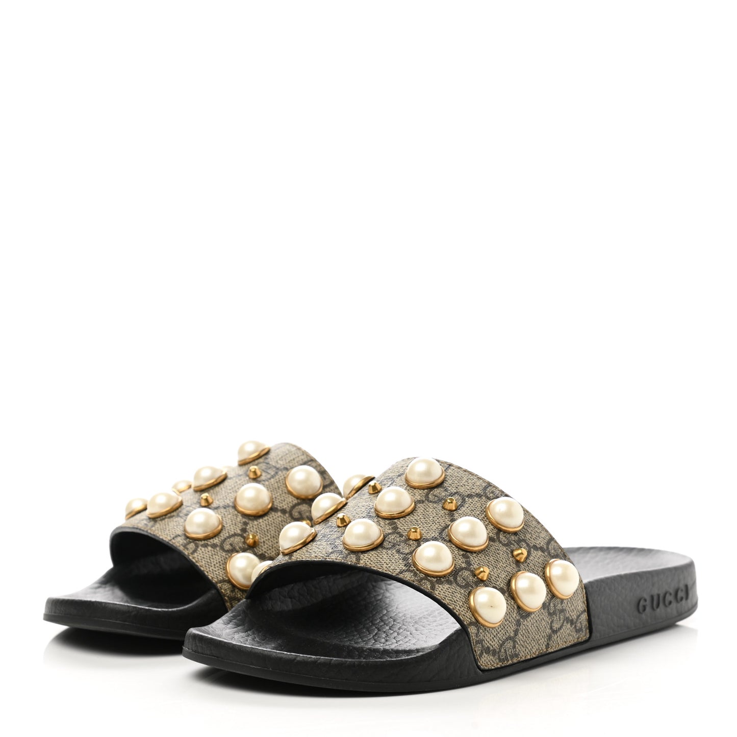 GG Supreme Monogram Pearls Slide Sandals 35 Beige