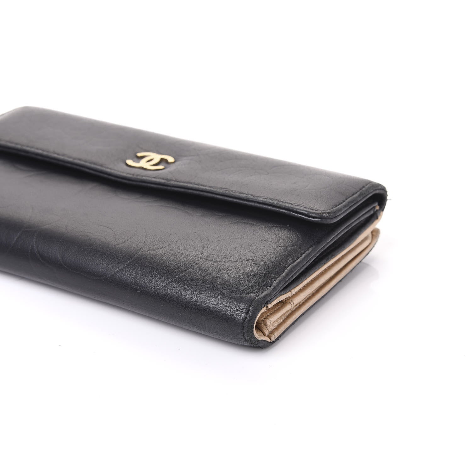 Chanel Lambskin Camellia Embossed Long Double Wallet Black 6 of 9