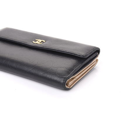 Chanel Lambskin Camellia Embossed Long Double Wallet Black 6 of 9
