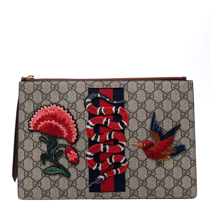 Gucci GG Supreme Monogram Web Kingsnake Embroidered Large Zip Pouch Brown 1 of 6