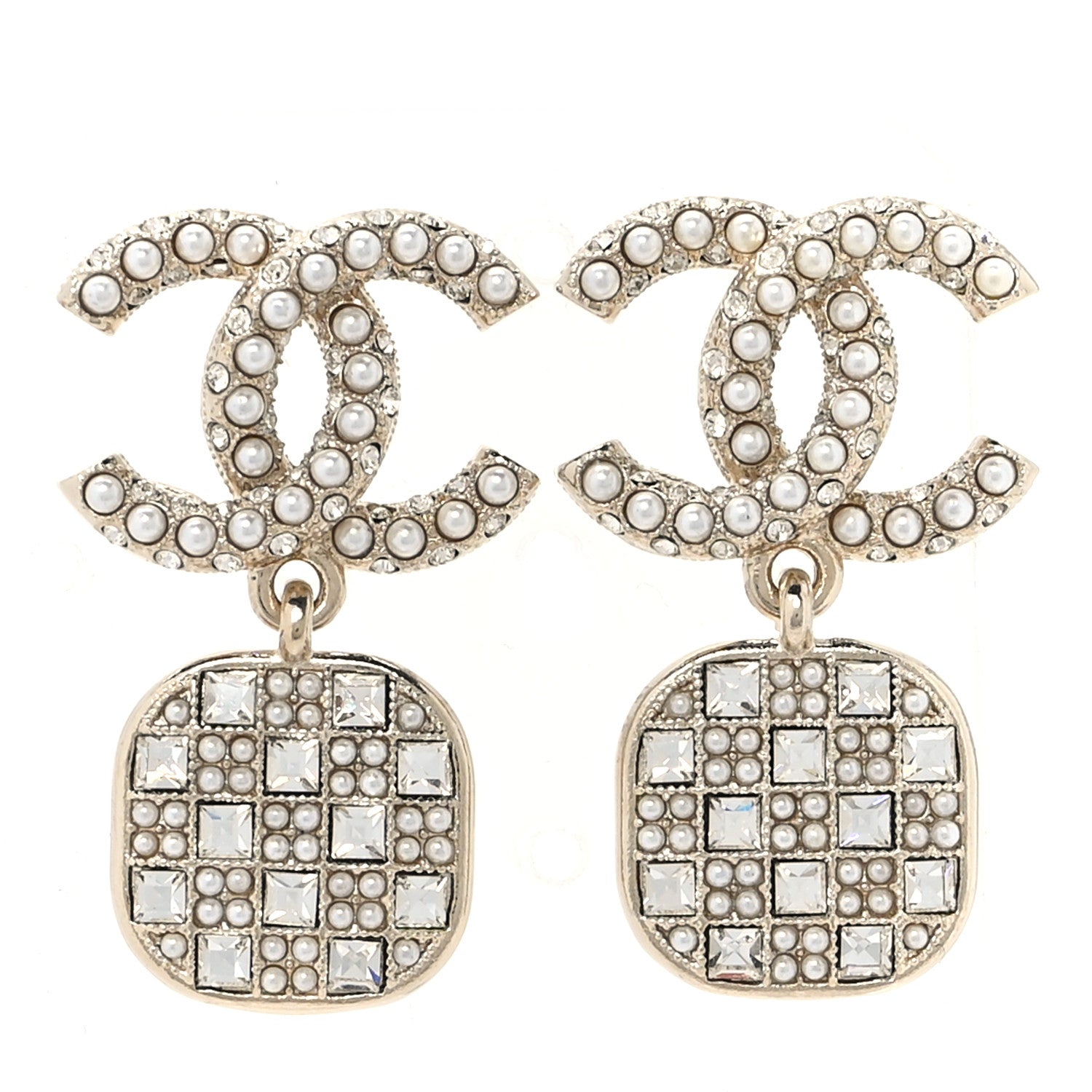 Chanel Pearl Baguette Crystal CC Drop Earrings Gold 1 of 5