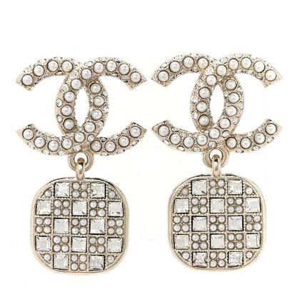 Chanel Pearl Baguette Crystal CC Drop Earrings Gold 1 of 5