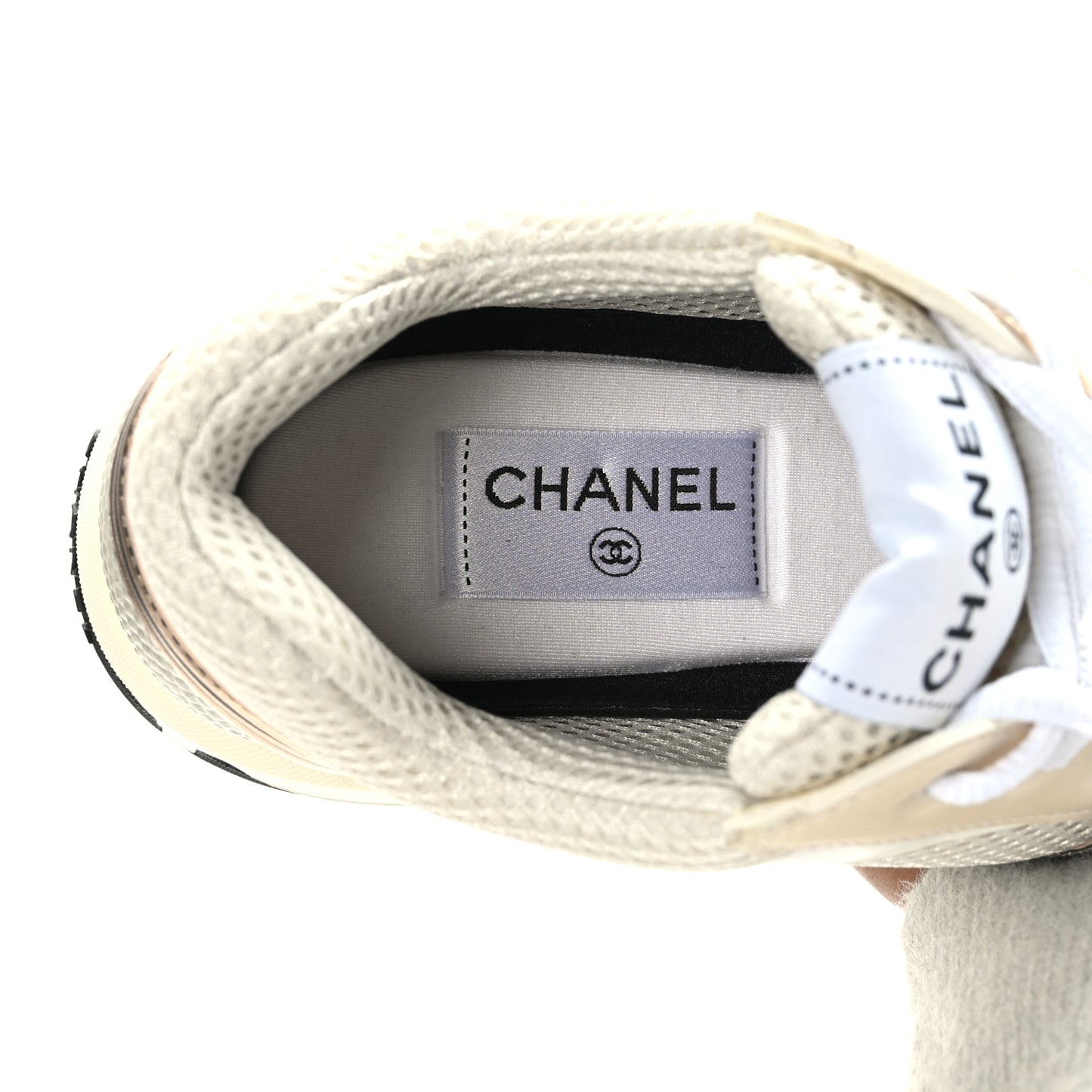 Fabric Laminated Calfskin Stretch CC Womens Sneakers 38 Ivory White Silver