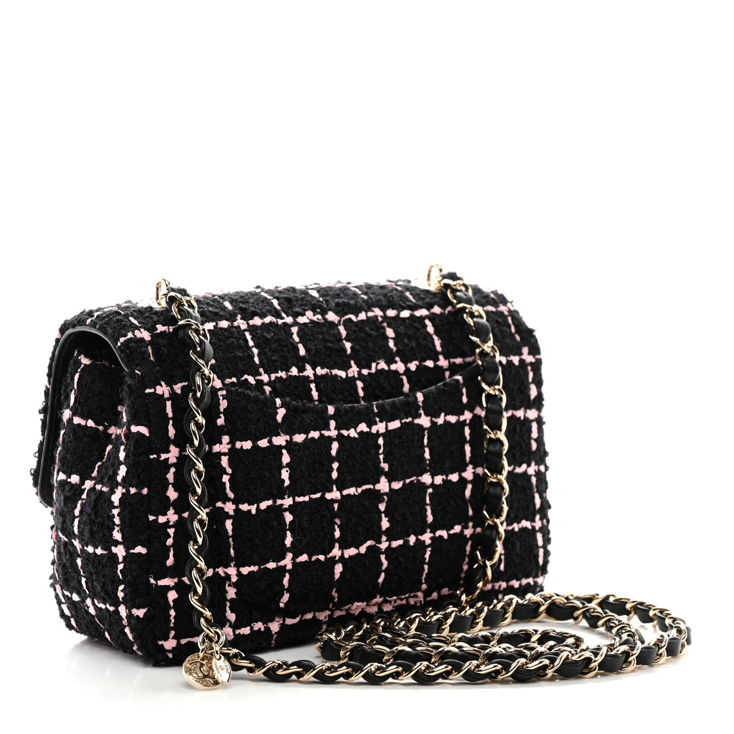 Tweed Quilted Small Camellia Flap Black Pink