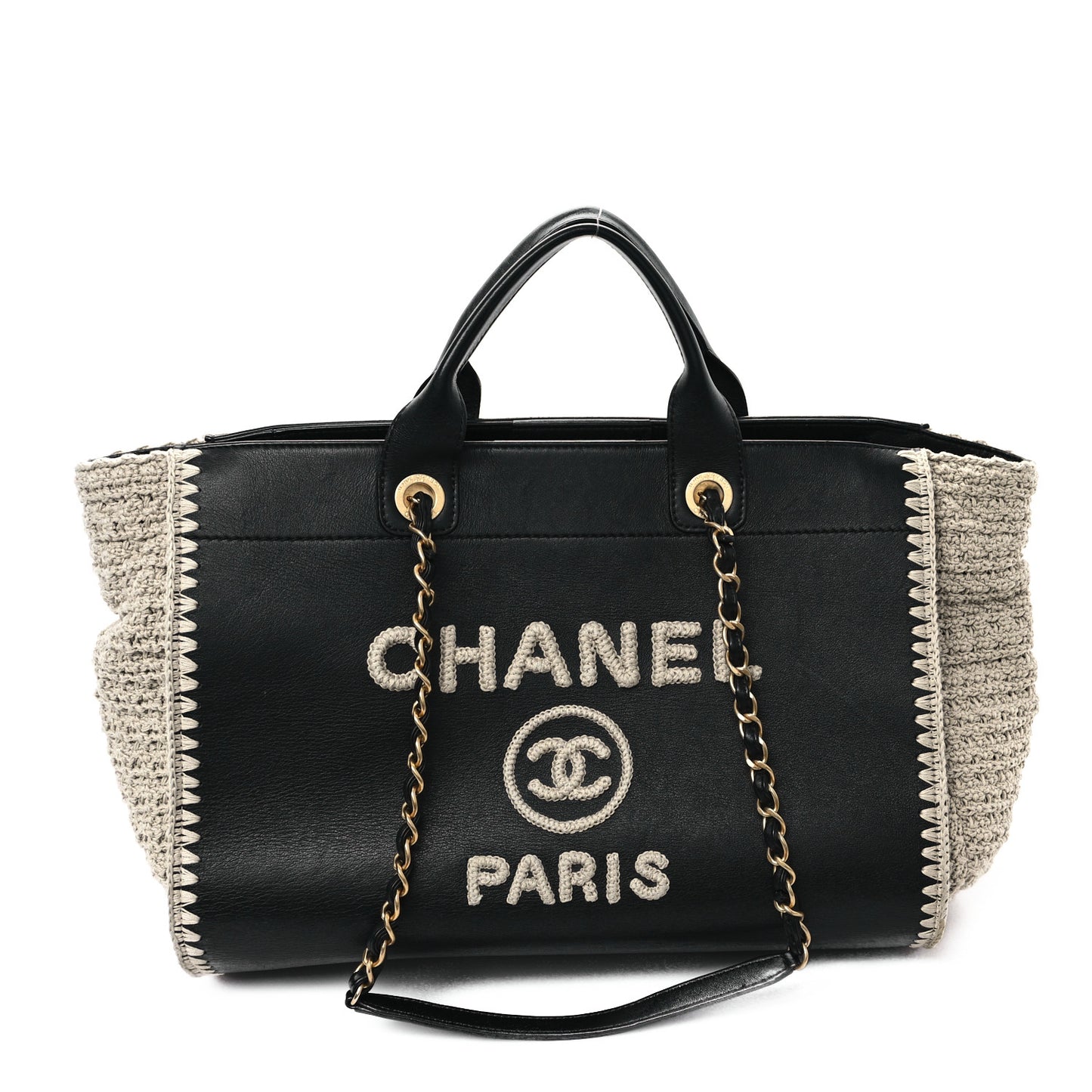 Calfskin Knit Medium Deauville Tote Black Beige