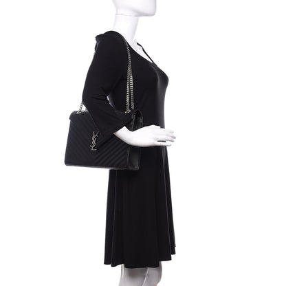 Saint Laurent Grain De Poudre Matelasse Chevron Large Monogram Satchel Black 2 of 11