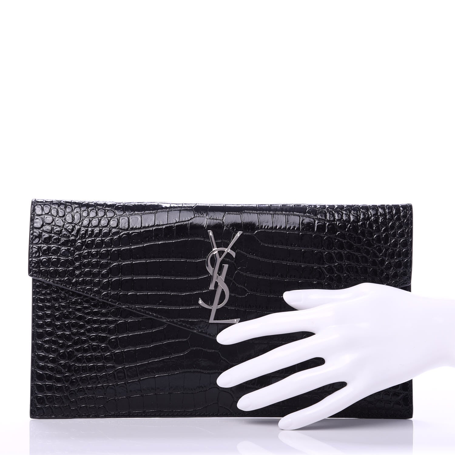 Saint Laurent Calfskin Crocodile Embossed Uptown Monogram Clutch Black 2 of 10