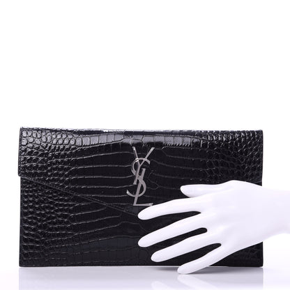 Saint Laurent Calfskin Crocodile Embossed Uptown Monogram Clutch Black 2 of 10