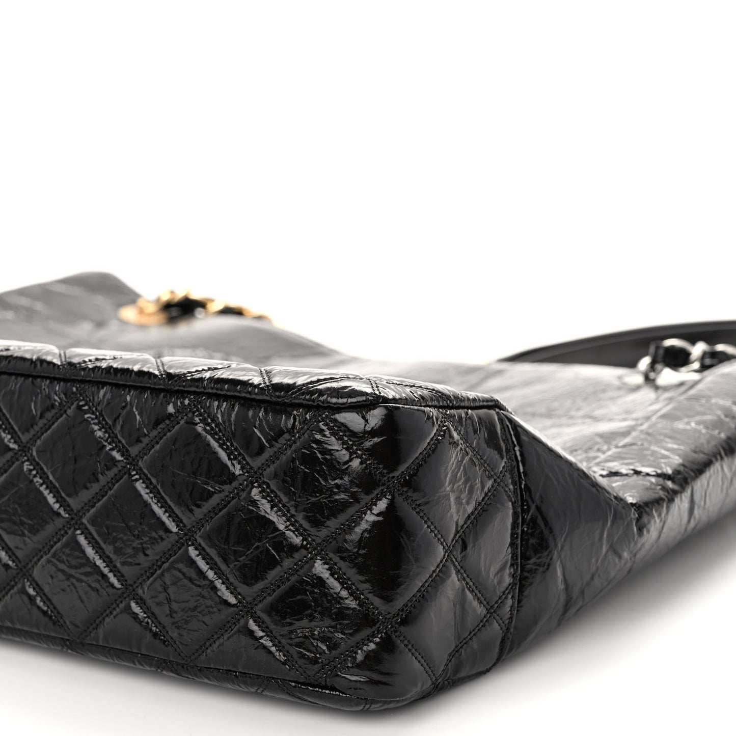 Shiny Aged Calfskin Quilted Large Shopping Bag Black