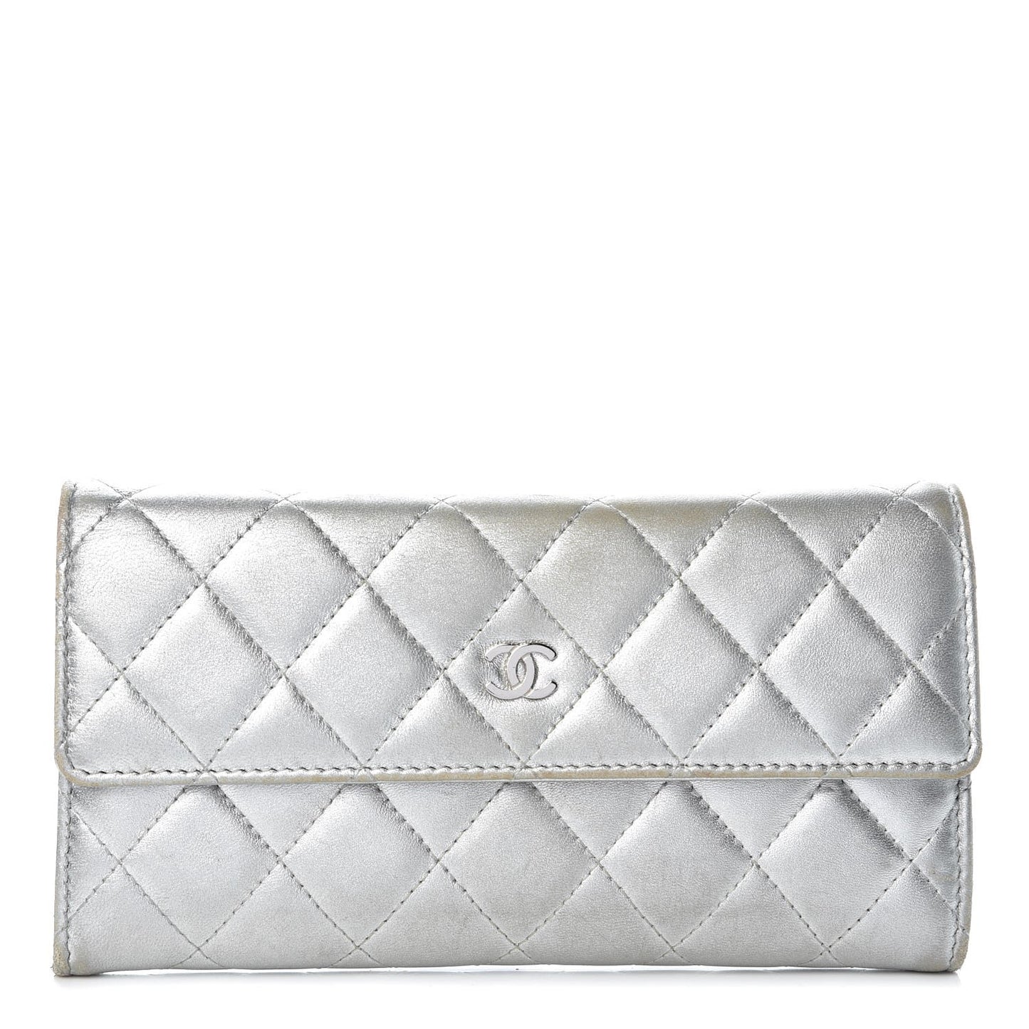 Metallic Lambskin Quilted Large Gusset Flap Wallet Silver