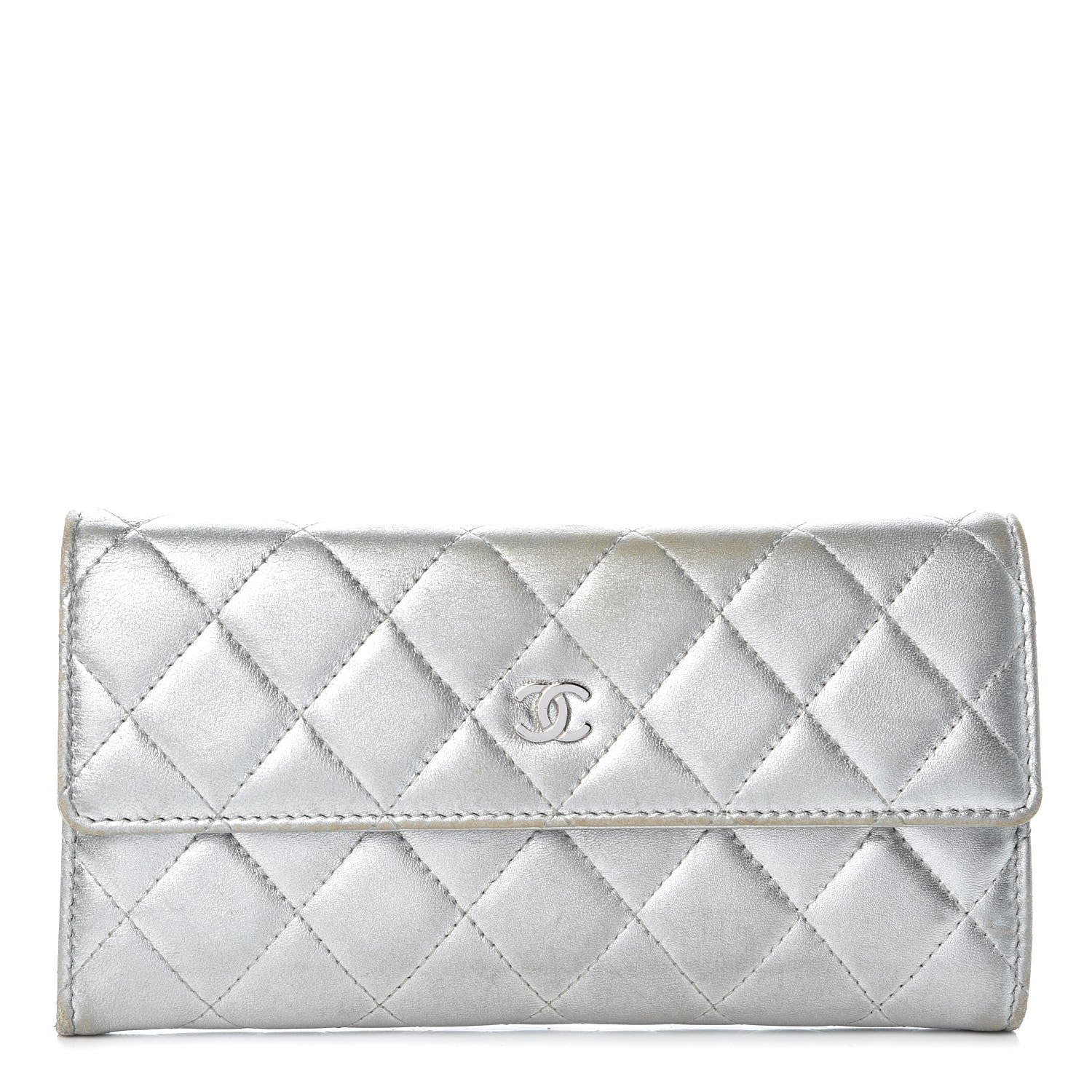Chanel Metallic Lambskin Quilted Large Gusset Flap Wallet Silver 1 of 15