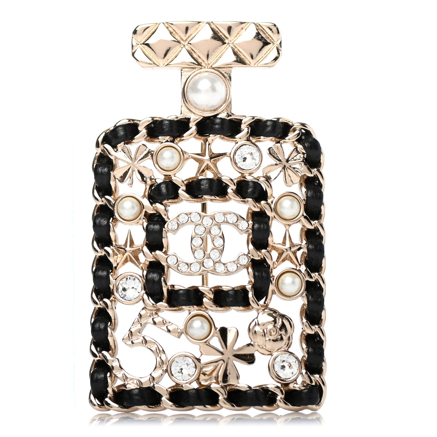Chanel Lambskin Pearl Quilted Chain CC Perfume Bottle Brooch Gold 1 of 4