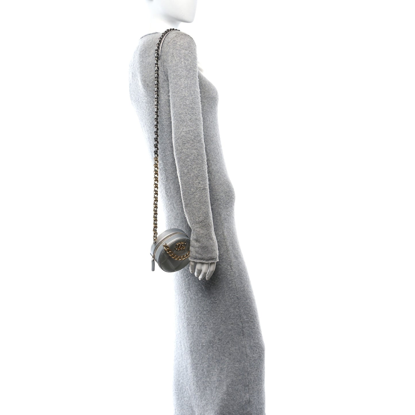 Metallic Lambskin Quilted Chanel 19 Round Clutch With Chain Silver