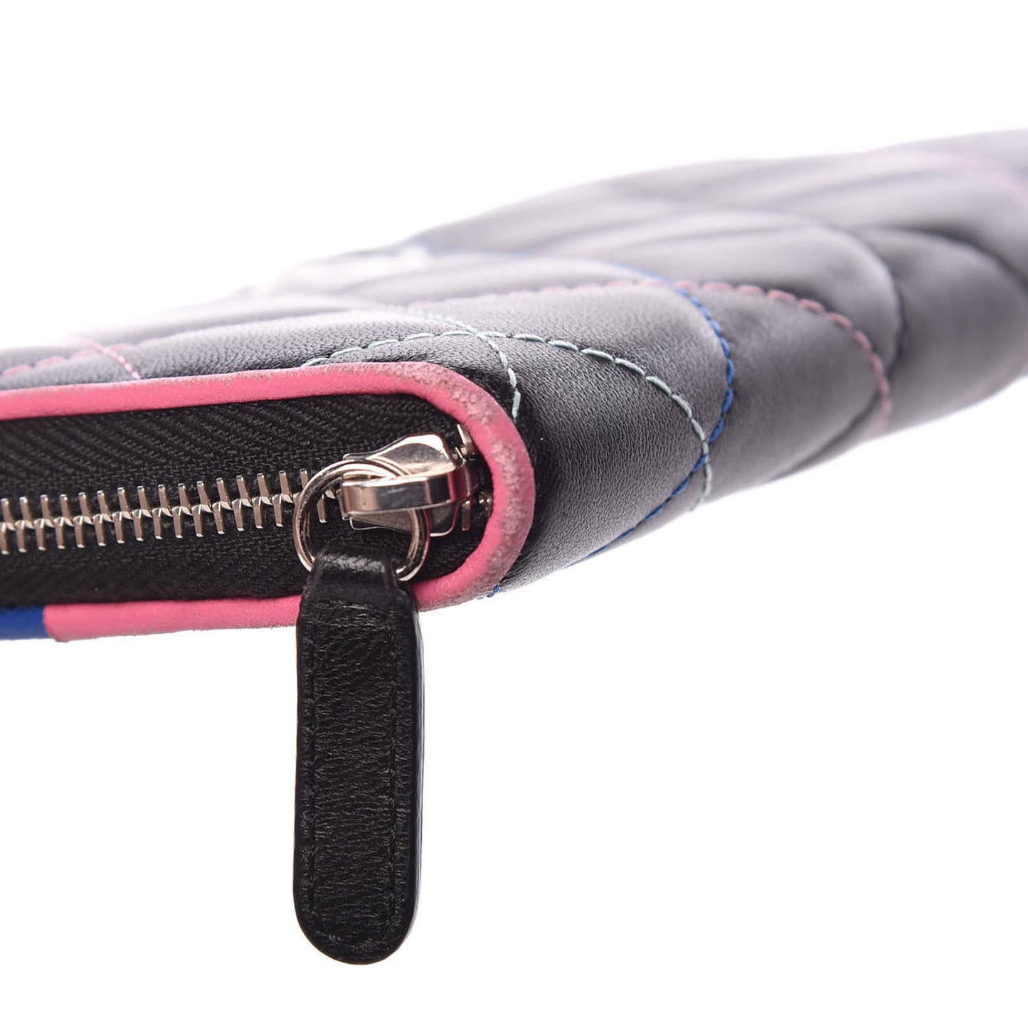 Lambskin Quilted Small Gusset Zip Around Wallet Black Pink Light Blue