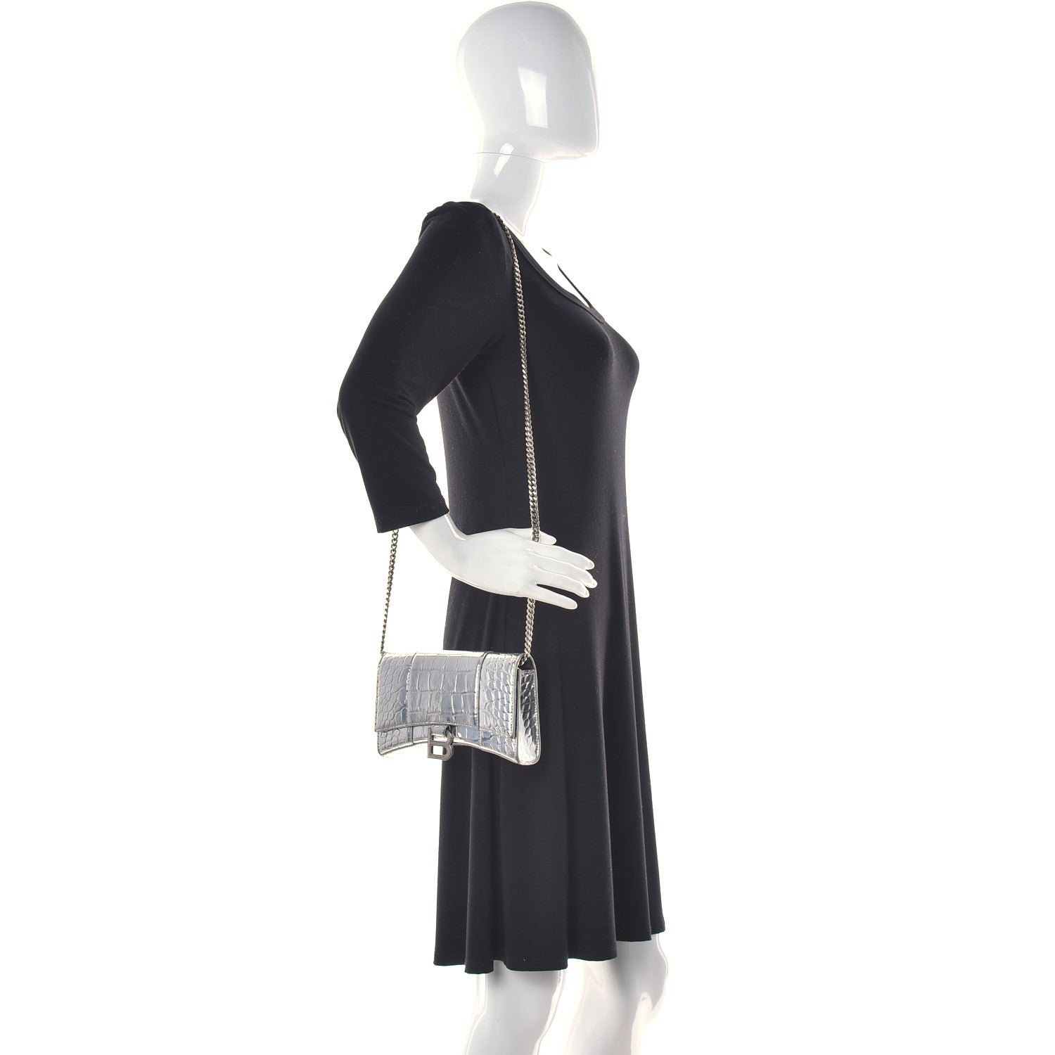Balenciaga Metallic Calfskin Crocodile Embossed Hourglass Chain Bag Silver 2 of 9