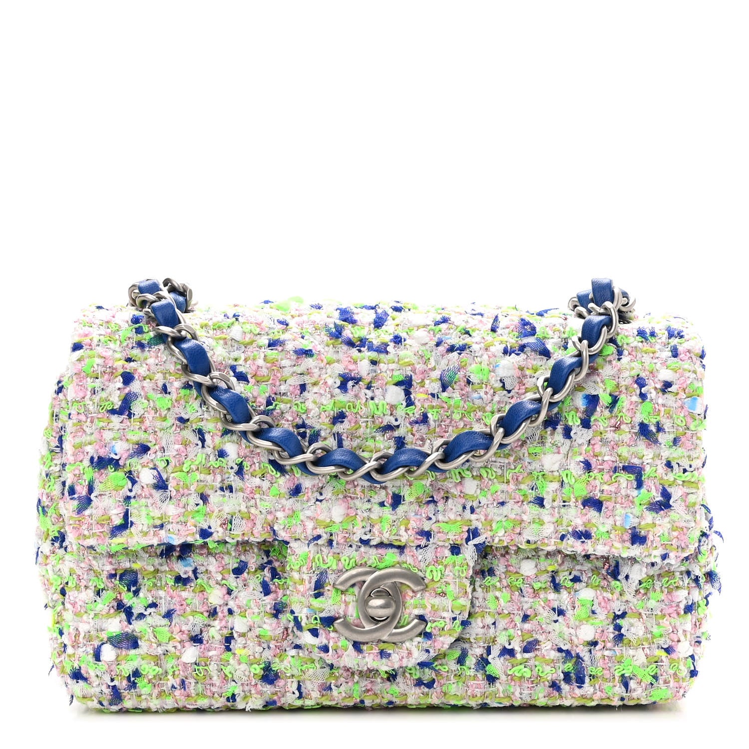 Chanel Tweed Quilted Mini Rectangular Flap White Blue Green 1 of 10