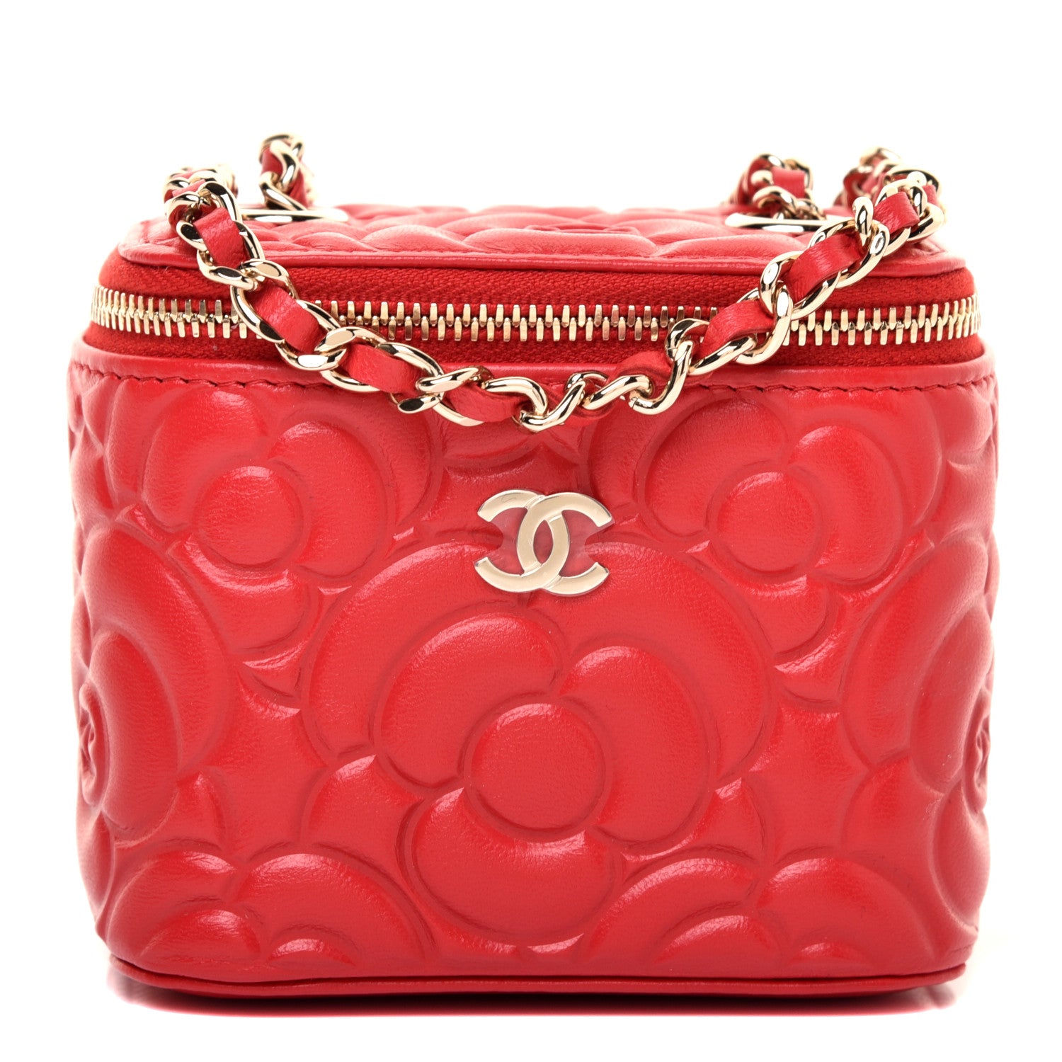 Chanel Lambskin Camellia Embossed Mini Vanity Case With Chain Red 1 of 11