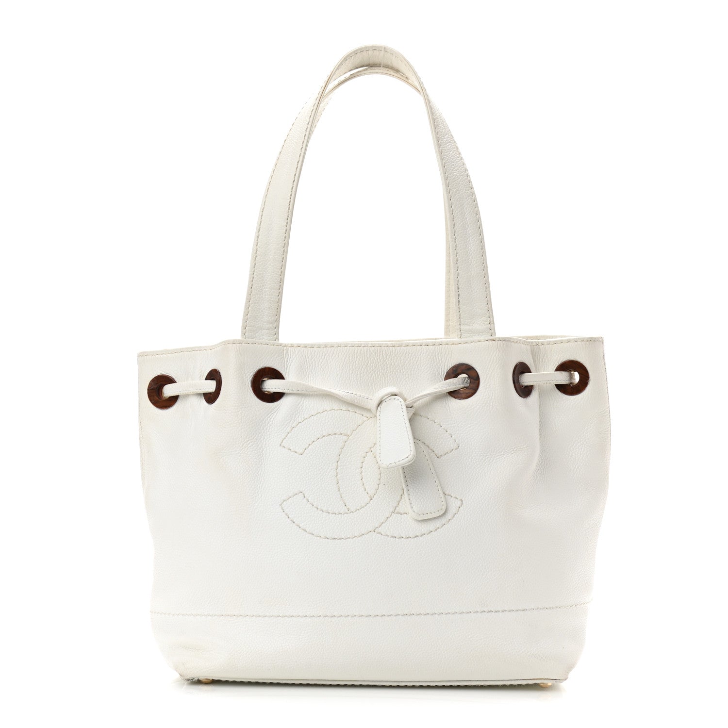 Chanel Caviar Wood Drawstring Bucket Bag White 1 of 15