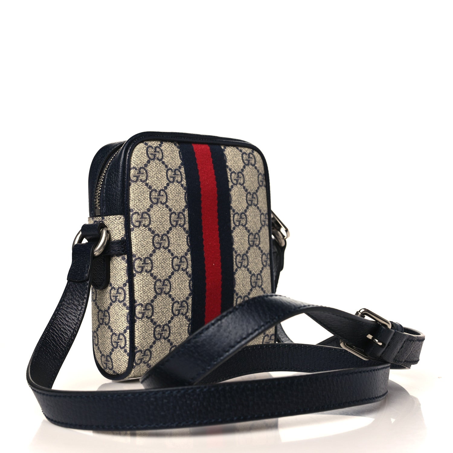 Gucci GG Supreme Monogram Textured Calfskin Web Mini Ophidia Messenger Beige Blue 3 of 9