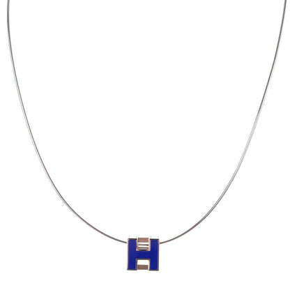 Hermes Lacquered Palladium Cage d'H Pendant Necklace Bleu Royal 1 of 5