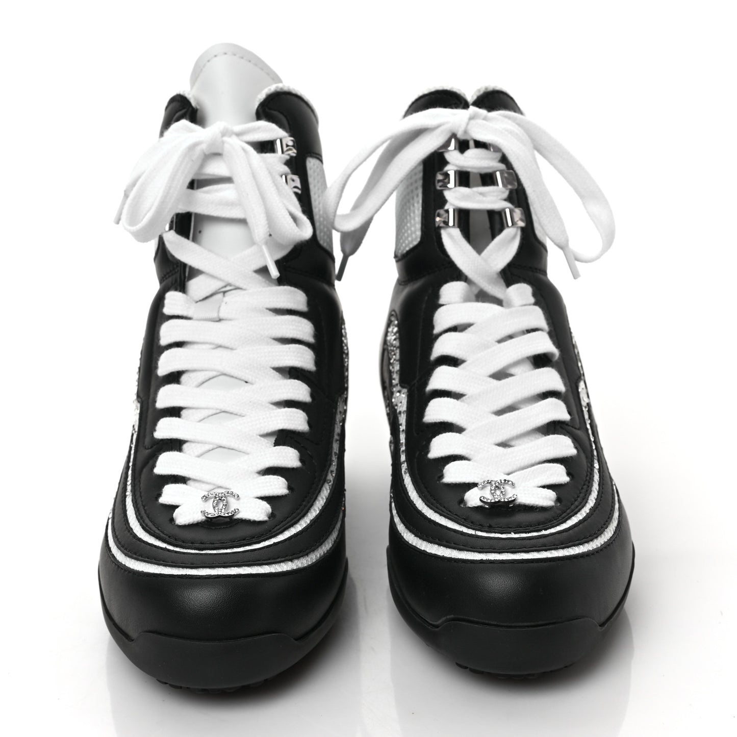 Fabric Calfskin Strass Womens CC Sneakers 38 Black White Silver
