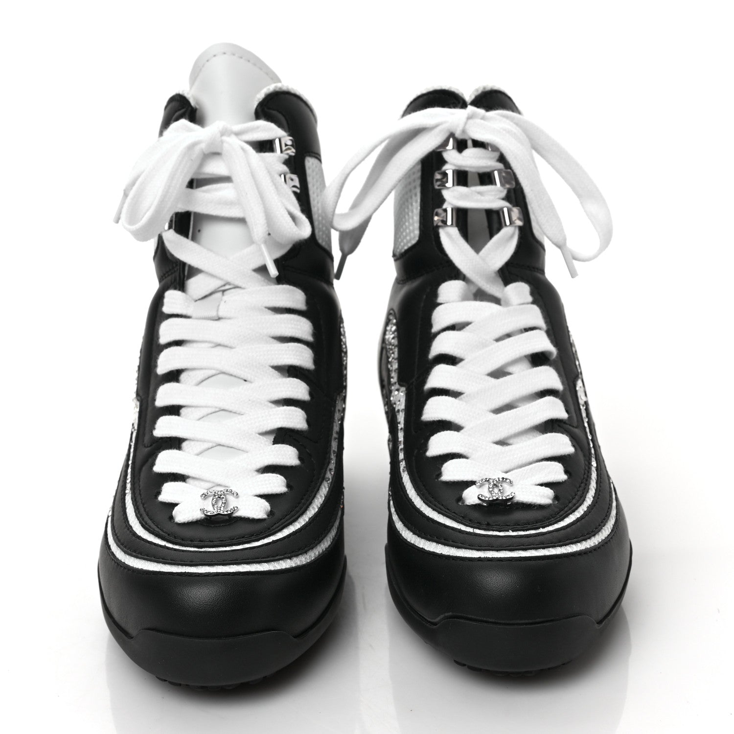 Chanel Fabric Calfskin Strass Womens CC Sneakers 38 Black White Silver 2 of 9