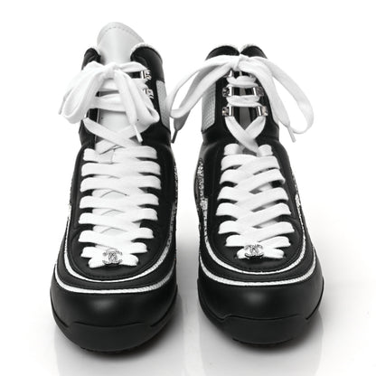 Chanel Fabric Calfskin Strass Womens CC Sneakers 38 Black White Silver 2 of 9