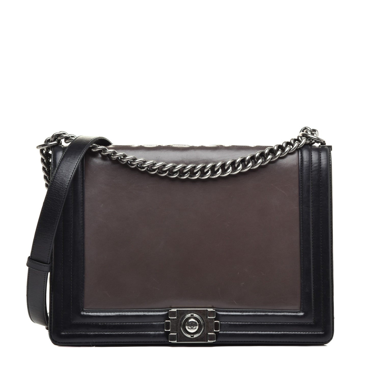 Glazed Calfskin Large Boy Flap Black Brown