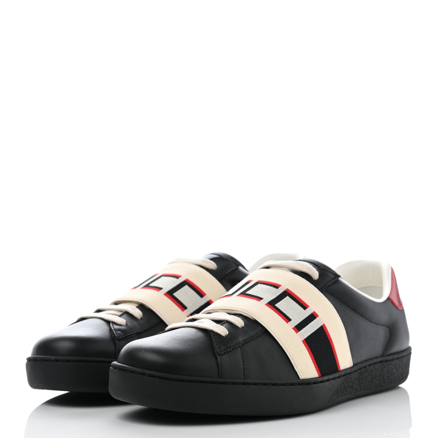 Calfskin Stripe Mens New Ace Sneakers 6.5 Black Ecru Red Flame