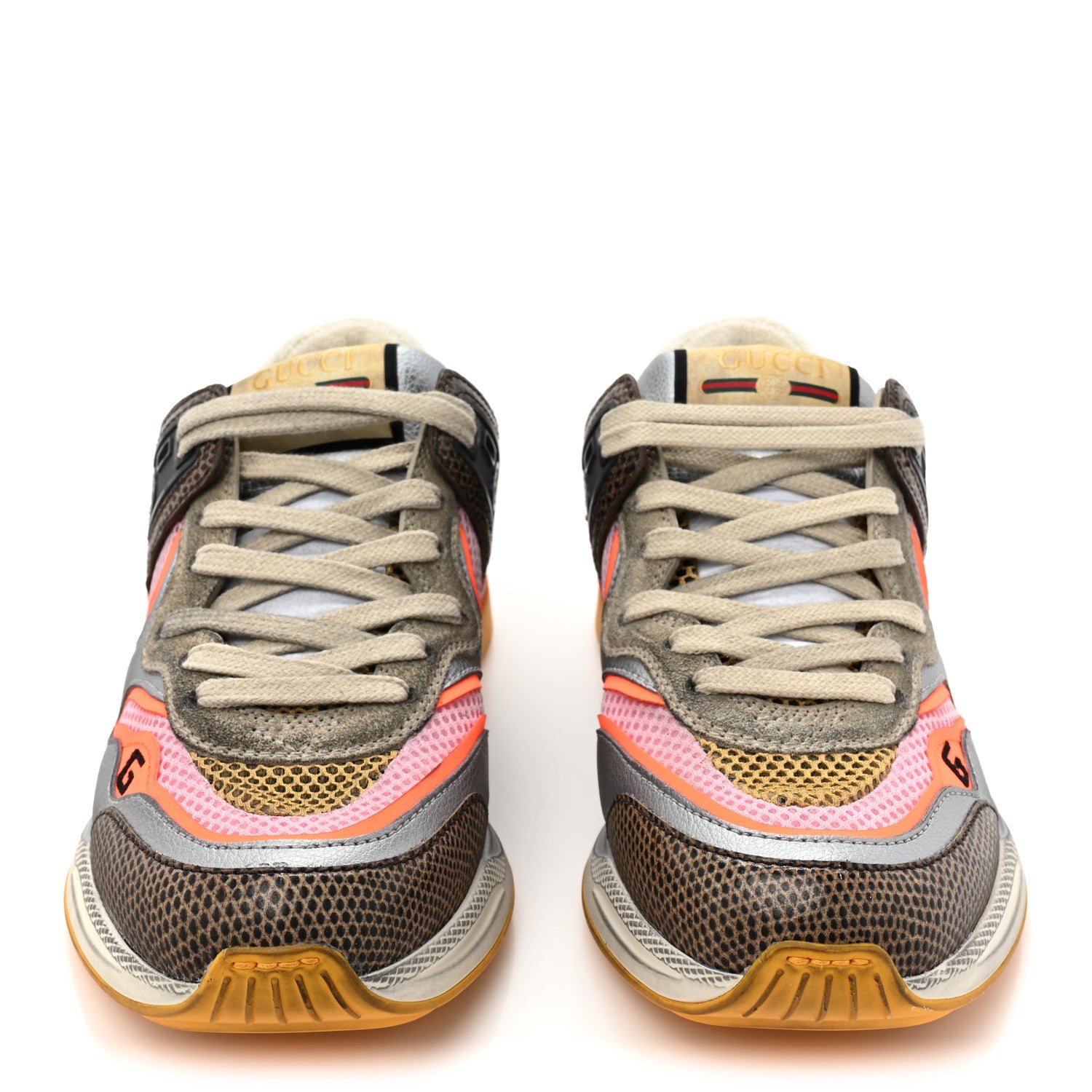 Gucci Calfskin Suede Mesh Lizard Embossed Womens Ultrapace Sneakers 35.5 Silver Anthracite Neon Orange 2 of 8