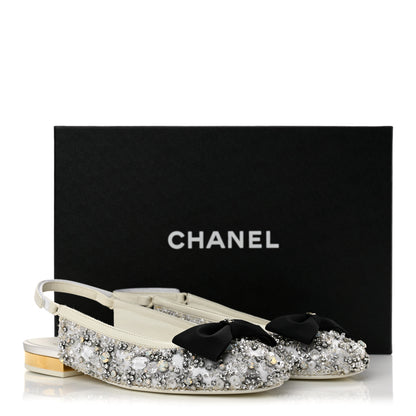 Chanel Satin Crystal Lambskin Grosgrain Bow CC Slingback Flats 35 White Black 10 of 10