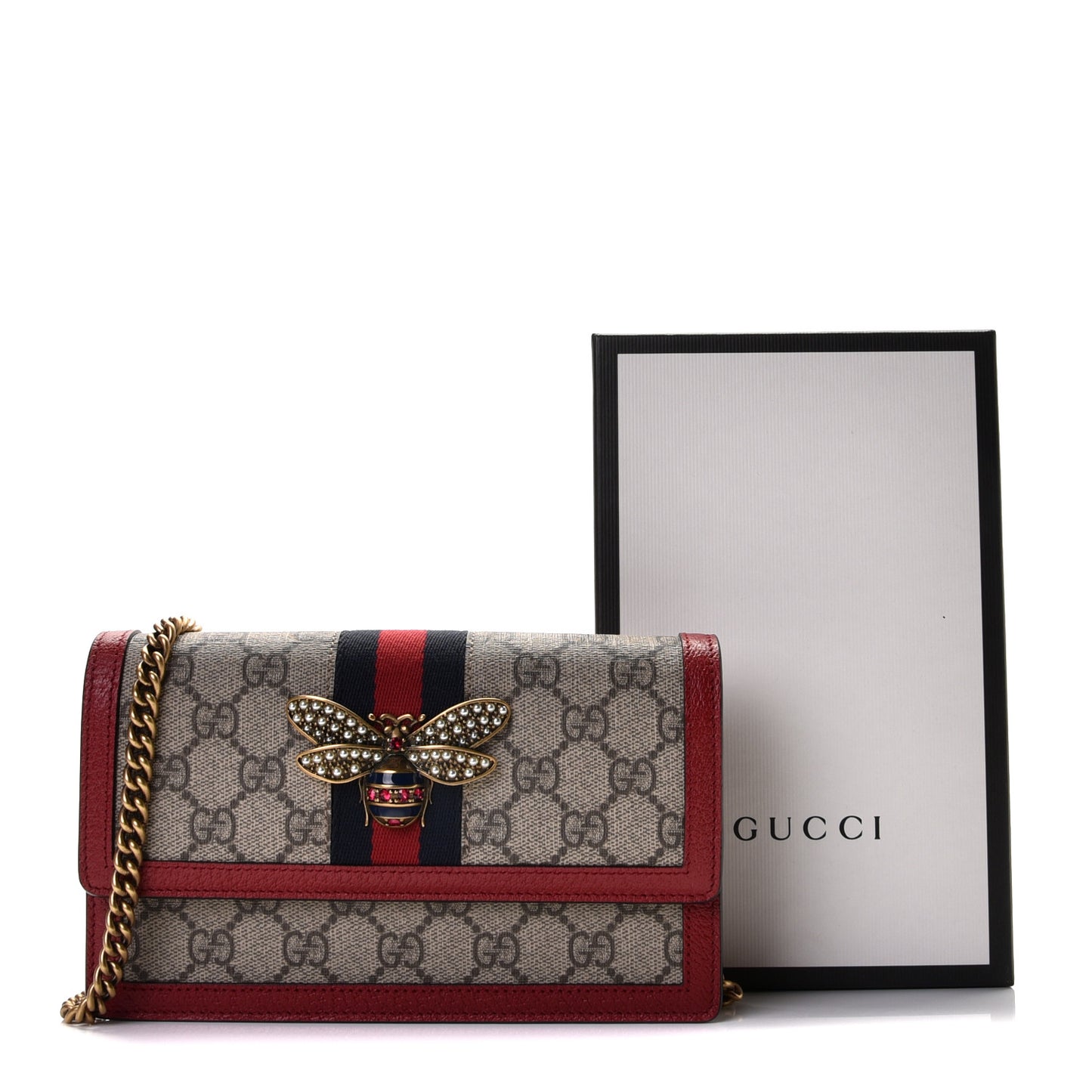 GG Supreme Monogram Web Queen Margaret Chain Wallet Red