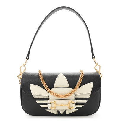 Gucci X ADIDAS Textured Dollar Calfskin Web Small Trefoil Horsebit 1955 Shoulder Bag Black Off White 1 of 11
