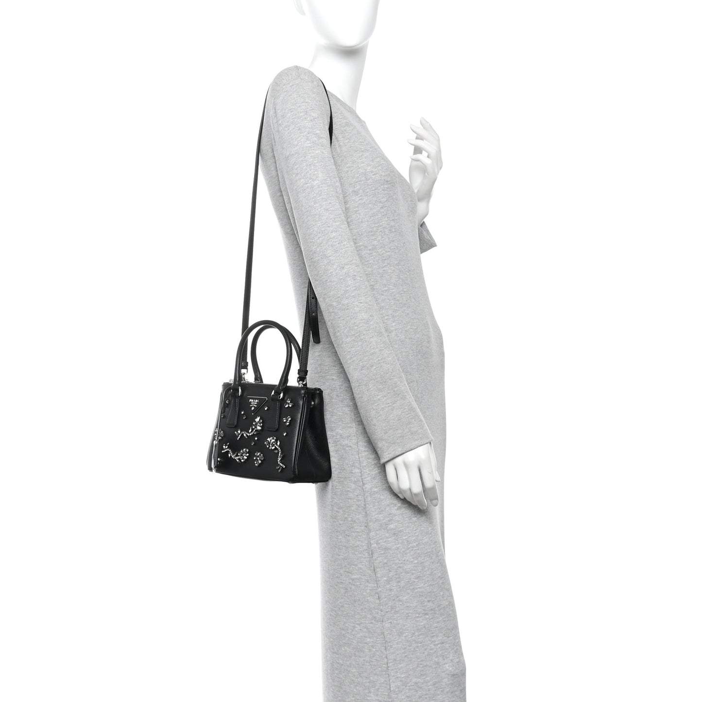 Saffiano Lux Crystal Mini Galleria Double Zip Tote Black