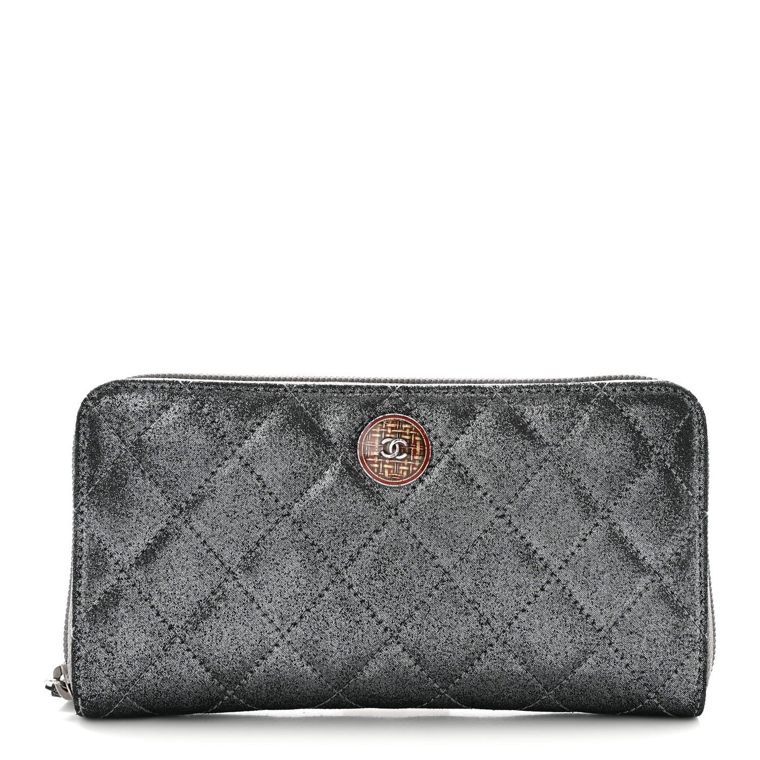 Chanel Iridescent Calfskin Quilted Tartan Button Zip Around Wallet Grey 1 of 7