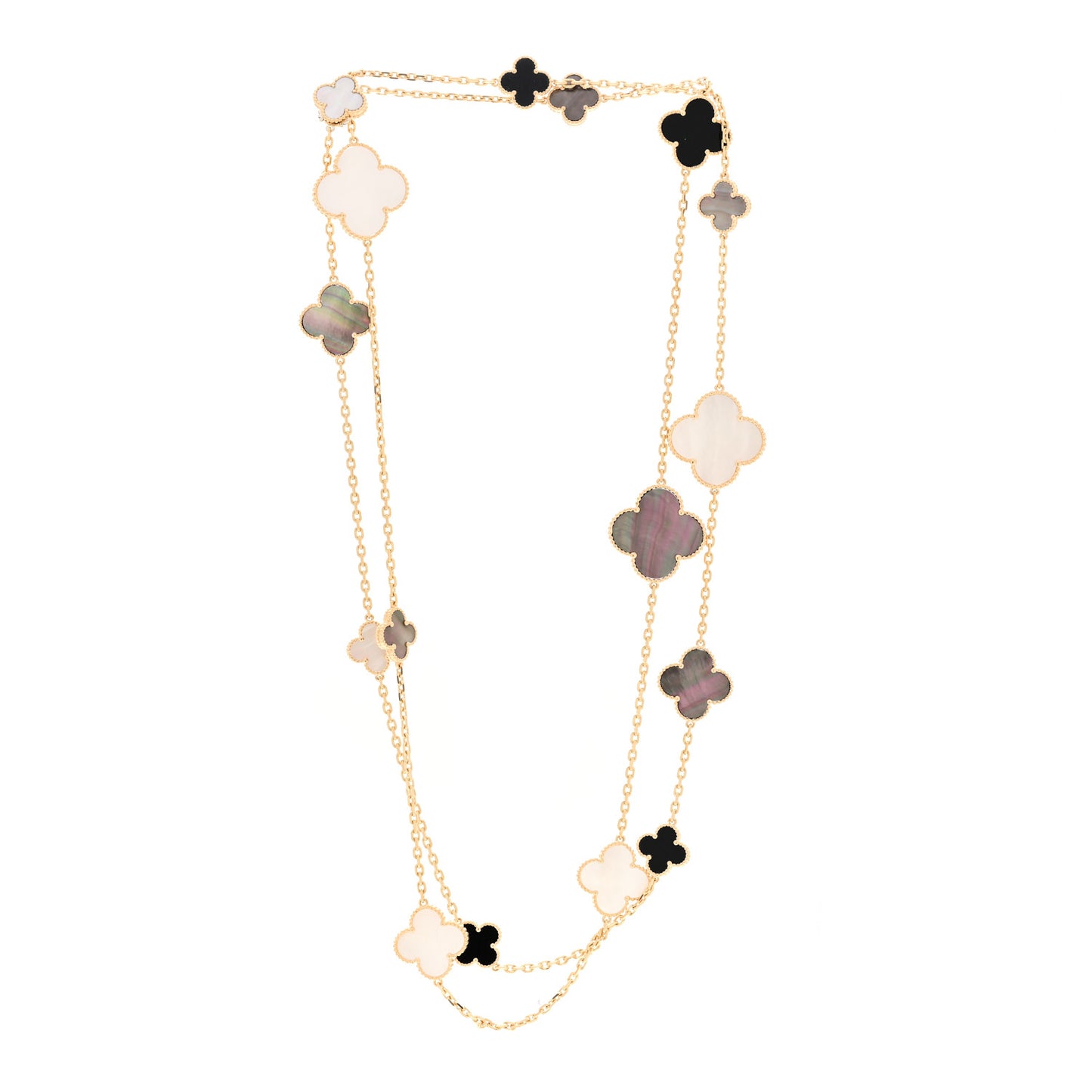 18K Yellow Gold Onyx Mother of Pearl 16 Motifs Magic Alhambra Necklace