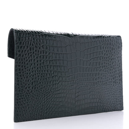 Saint Laurent Calfskin Crocodile Embossed Uptown Monogram Clutch Dark Green 3 of 9