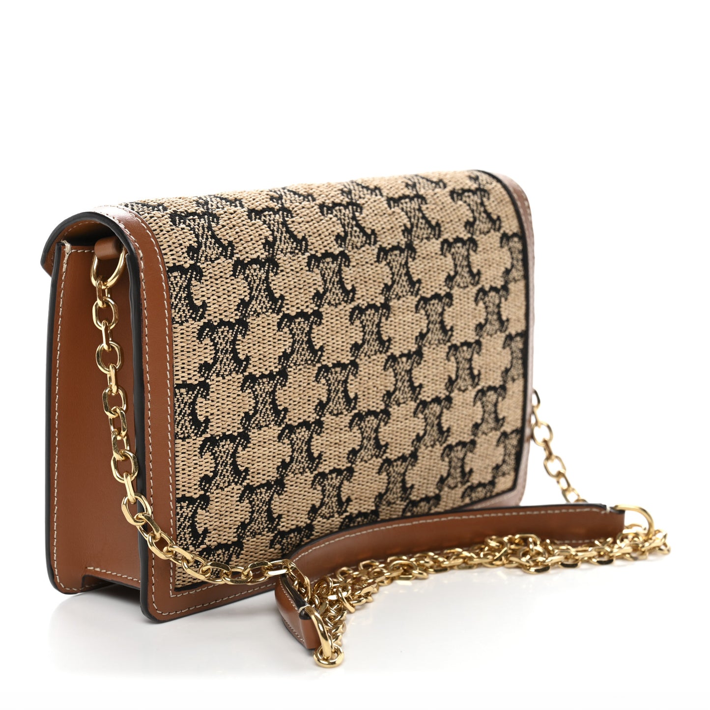 Raffia Jacquard Calfskin Triomphe Wallet on Chain Natural Tan