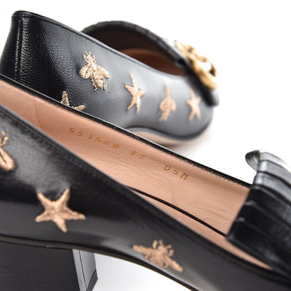 Gucci Quentin Goatskin Bee Star Embroidered GG Marmont Fringe 50mm Loafer Pumps 37 Black 8 of 12