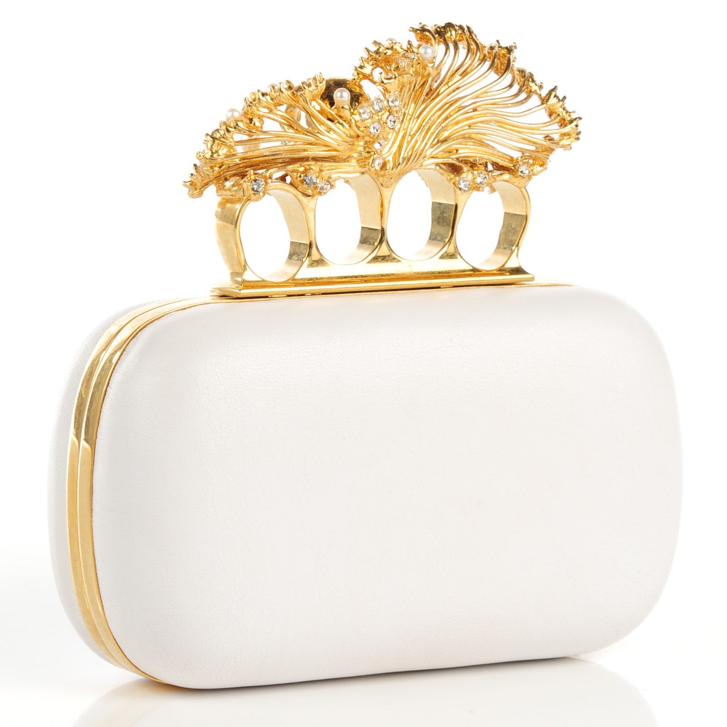 Nappa Pearl Crystal Knuckle Duster Box Clutch White