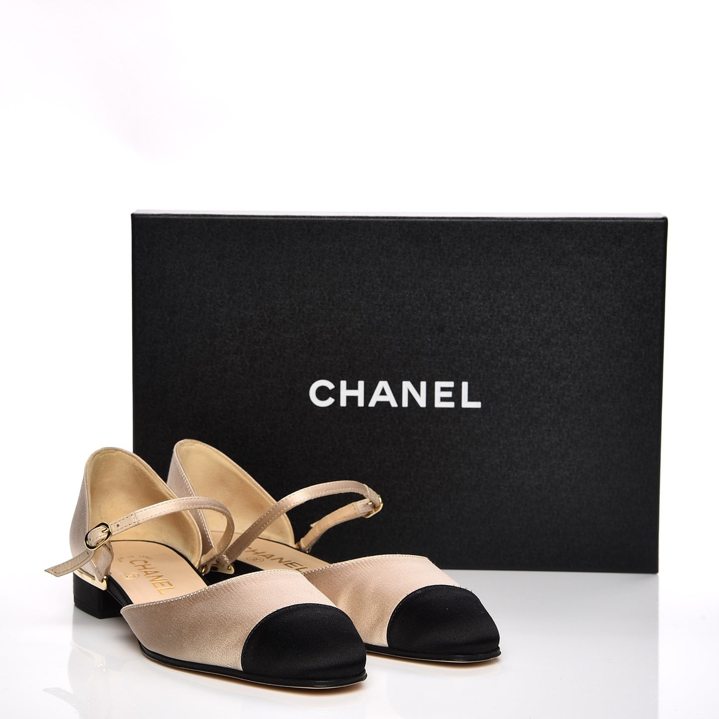 Satin Cap Toe CC Flats 37 Beige Black