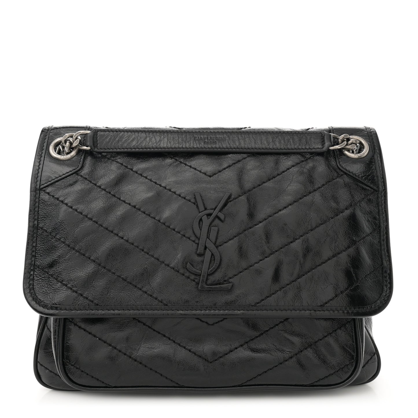 Crinkled Calfskin Matelasse Monogram Medium Niki Chain Satchel Black