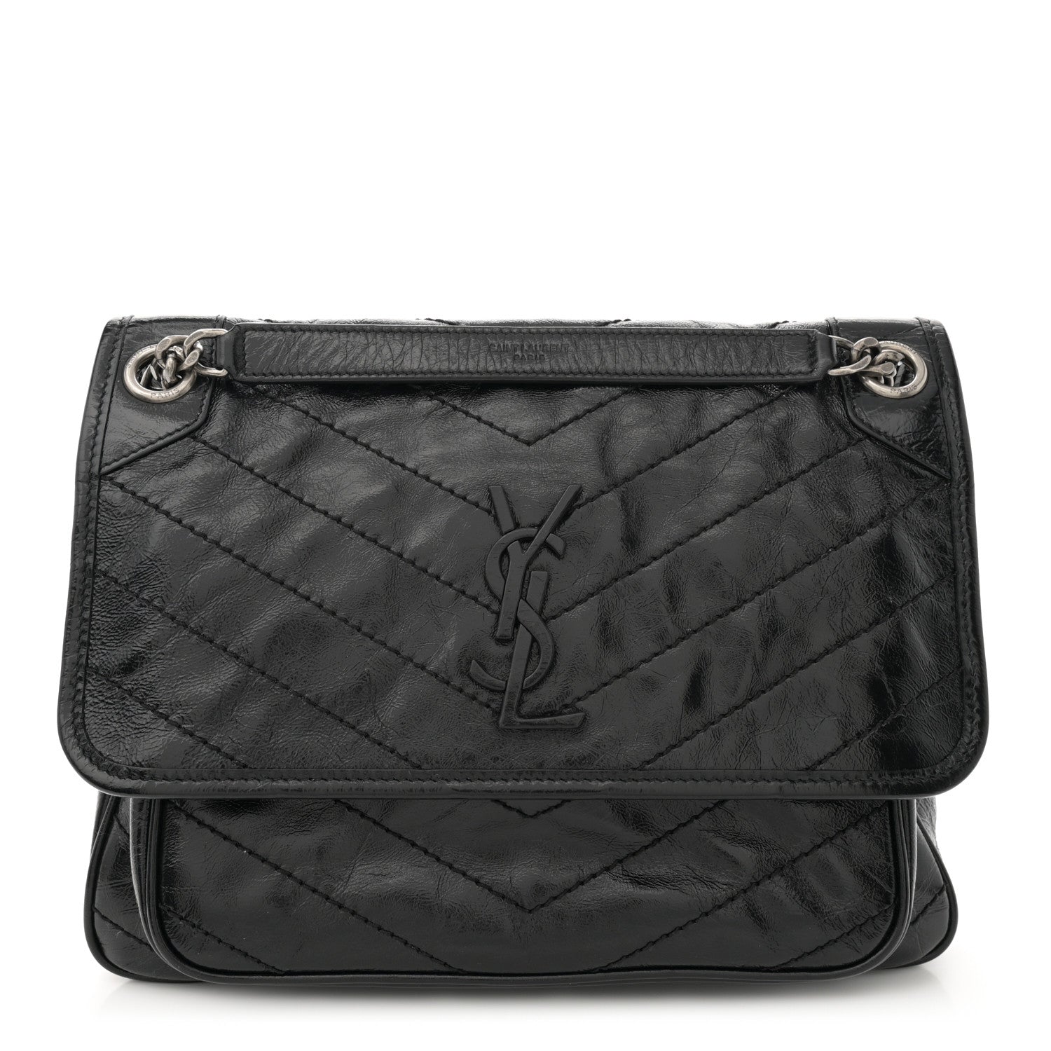 Saint Laurent Crinkled Calfskin Matelasse Monogram Medium Niki Chain Satchel Black 1 of 10